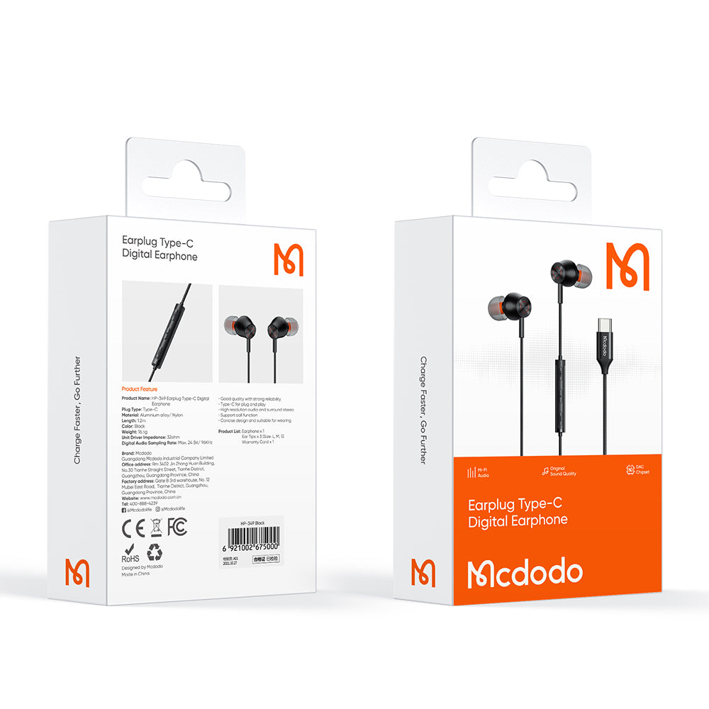 MCDODO HP-3490 MDD HiFi Stereo Wired Headphone Type-C Earphone with Mic and Volume Control - Black MCDODO HP-3490 MDD HiFi Stereo Wired Headphone Type-C Earphone with Mic and Volume Control - Black
